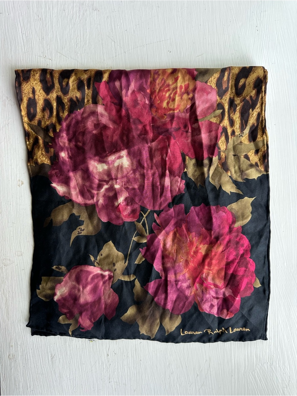 Lauren Ralph Lauren Floral Leopard Print Oblong Scarf Black Red Gold